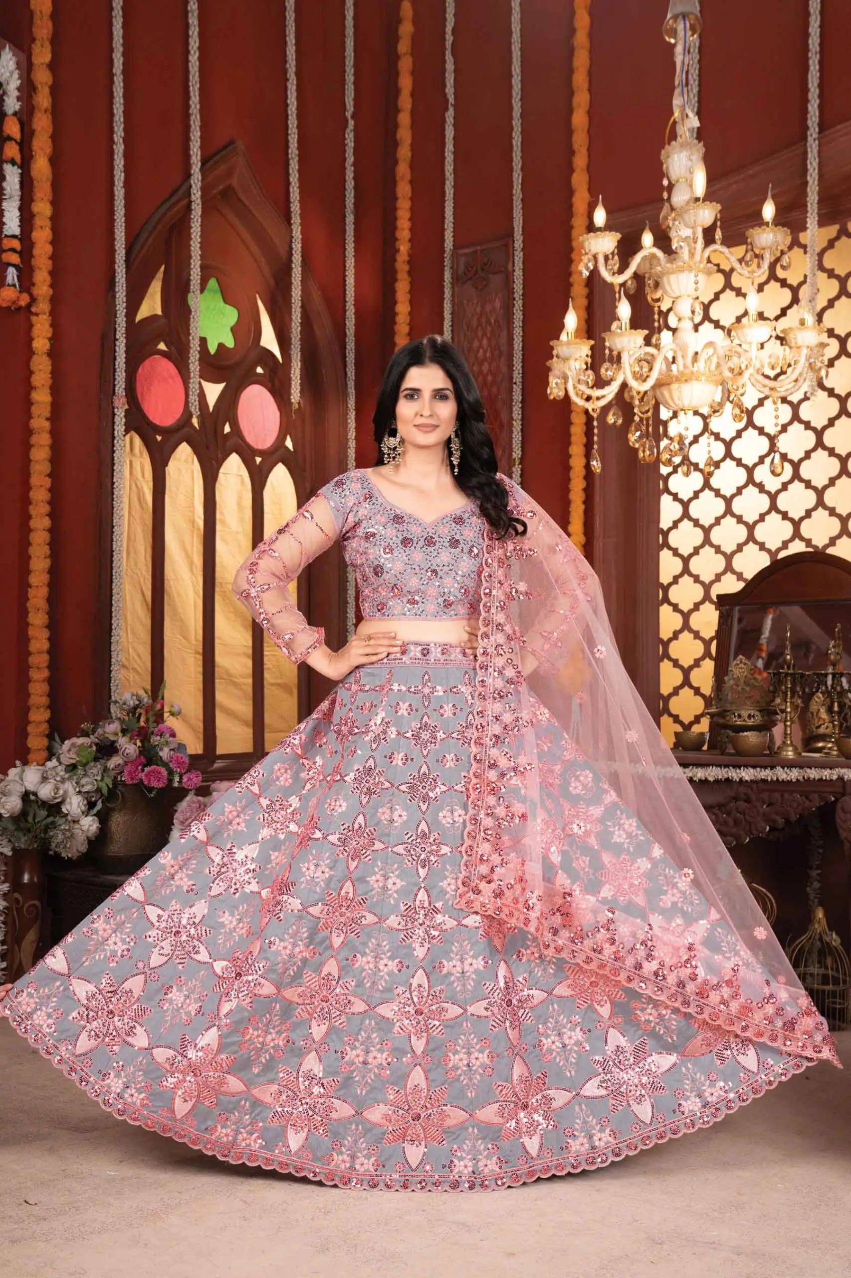 Grey And Peach Mulberry Silk Lehenga With Thread Sequins Embroidery Work - qivii