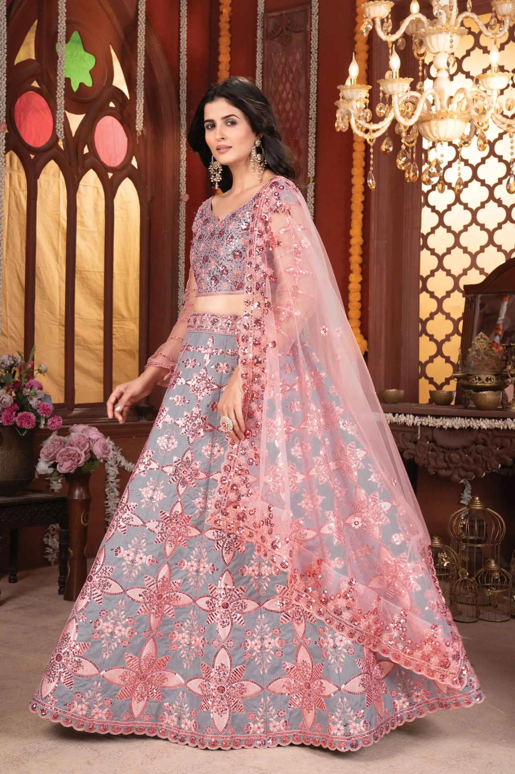 Grey And Peach Mulberry Silk Lehenga With Thread Sequins Embroidery Work - qivii