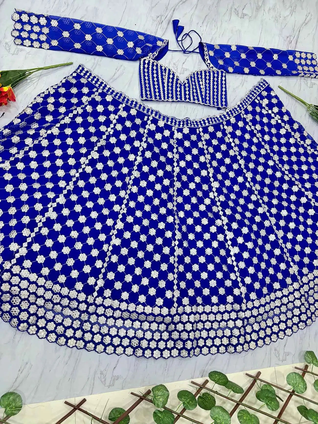 Royal Blue Coding And Heavy Foil Mirror Work Party Wear Lehenga - qivii