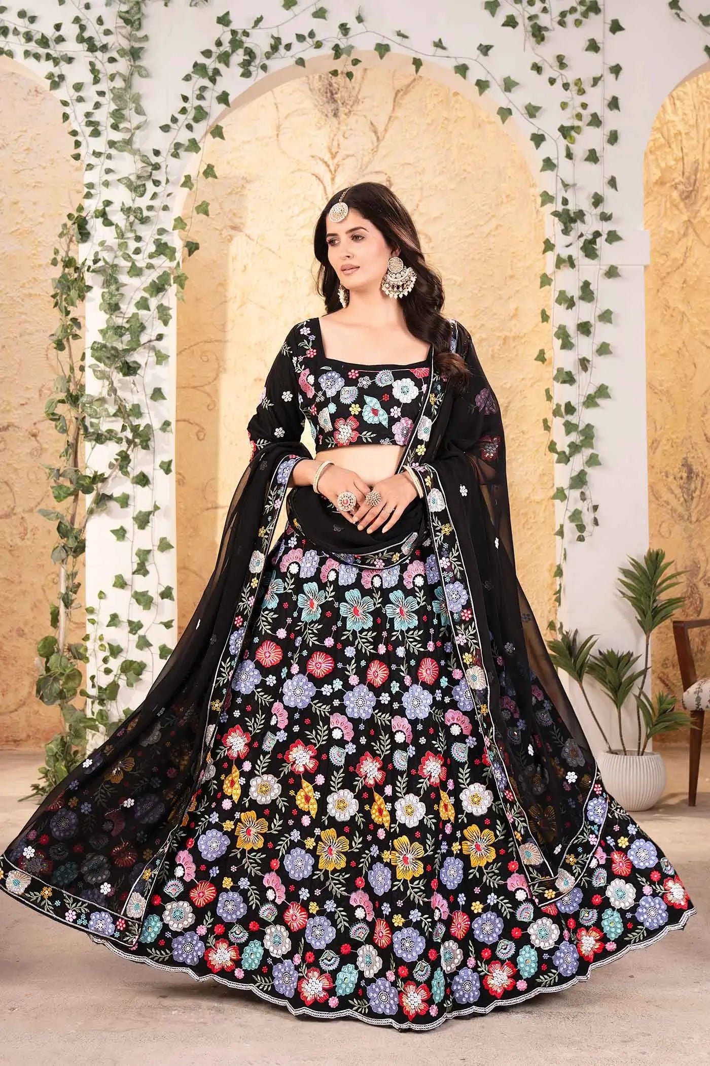 Black Georgette Multi Thread Sequins Floral Embroidery Work Lehenga - qivii