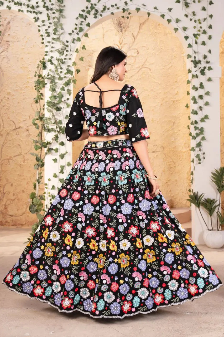 Black Georgette Multi Thread Sequins Floral Embroidery Work Lehenga - qivii
