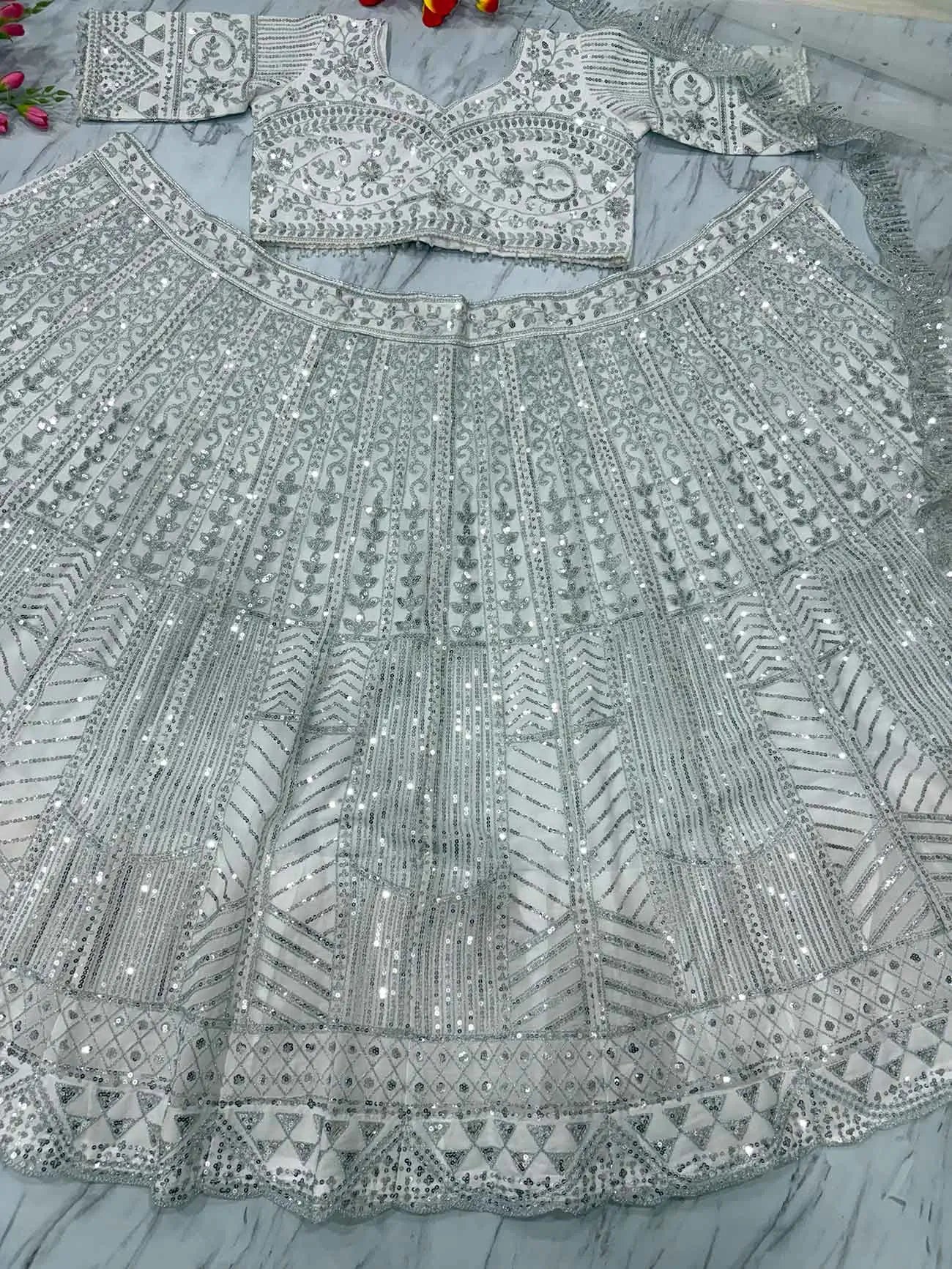 Ivory Thread Heavy Sequins Embroidery Work Chinon Silk Lehenga Choli - qivii