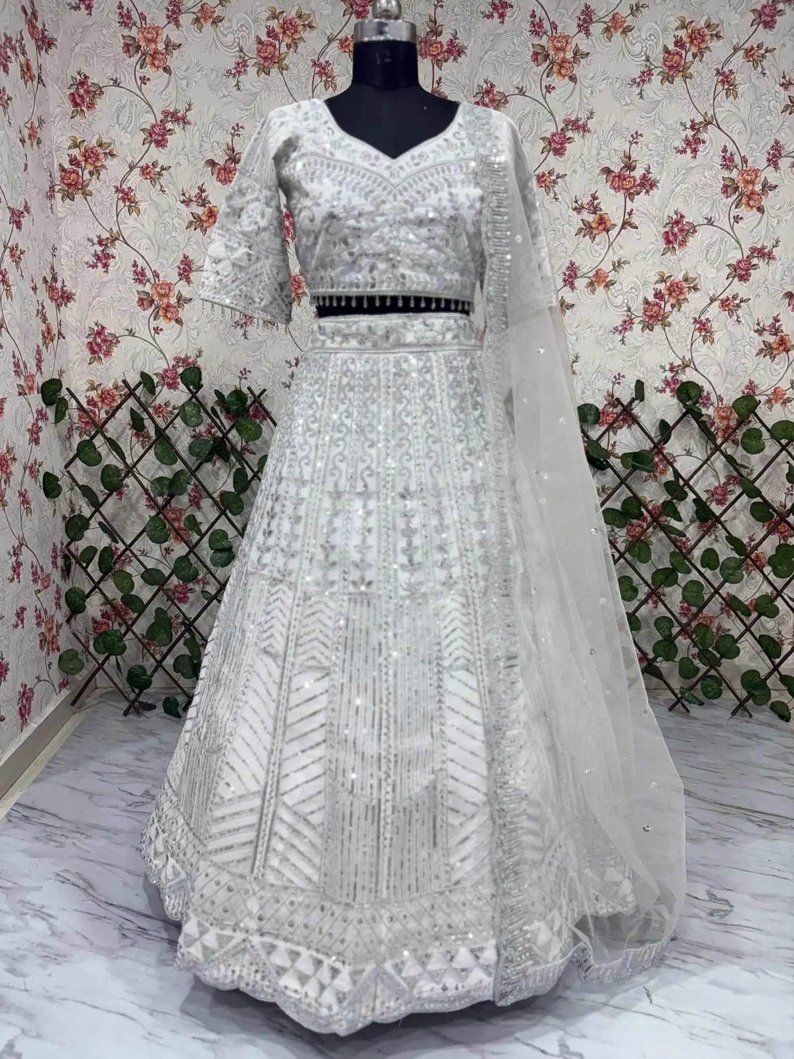 Ivory Thread Heavy Sequins Embroidery Work Chinon Silk Lehenga Choli - qivii