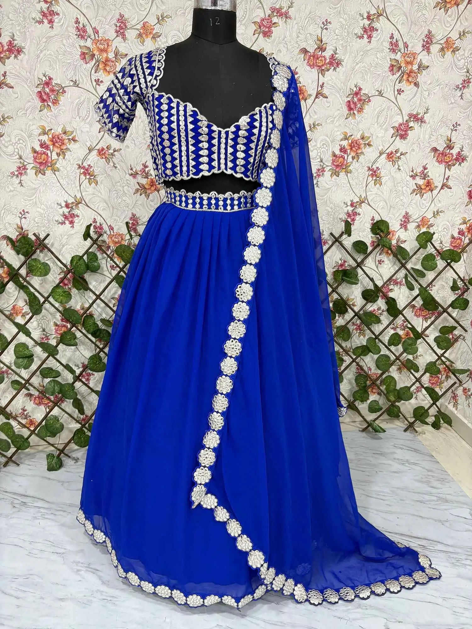 Royal Blue Beautiful Foil Mirror Work Faux Georgette Lehenga Choli - qivii
