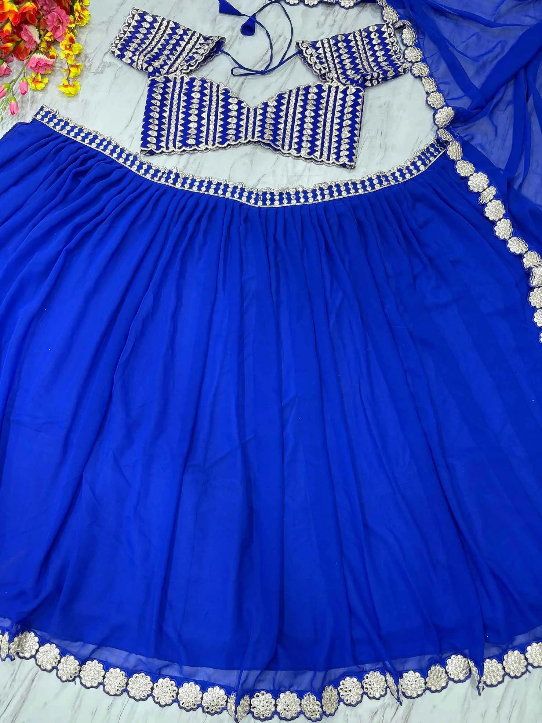 Royal Blue Beautiful Foil Mirror Work Faux Georgette Lehenga Choli - qivii