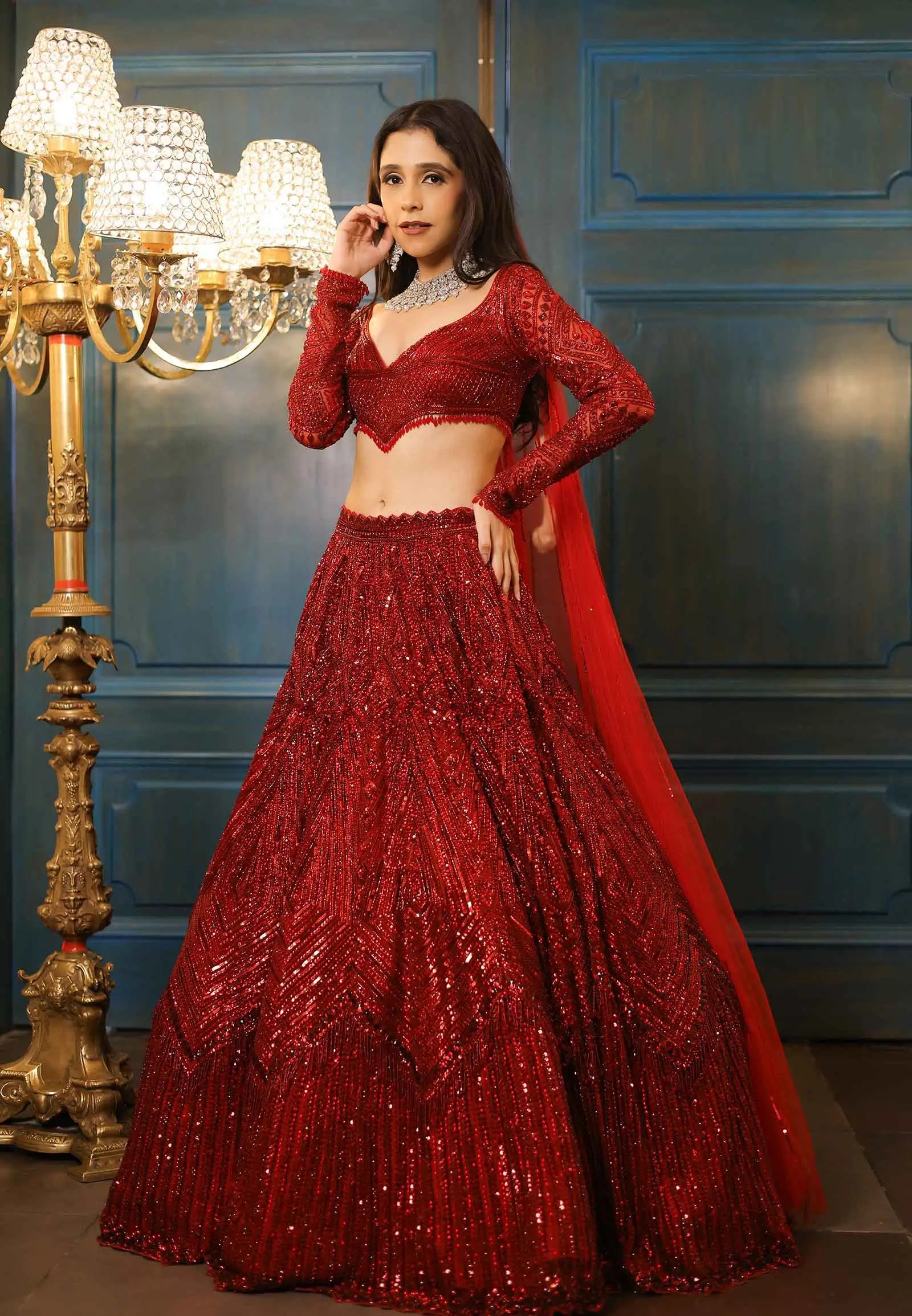 Designer Red Georgette Sequins Thread Dori Embroidery Work Lehenga Choli - qivii