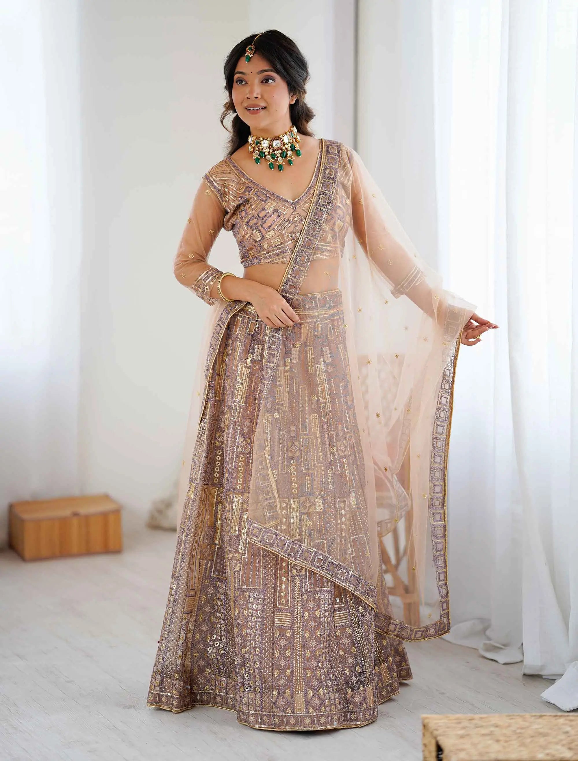 Brownish Ivory Embroidery Work With Heavy Sequins Work Lehenga Choli - qivii