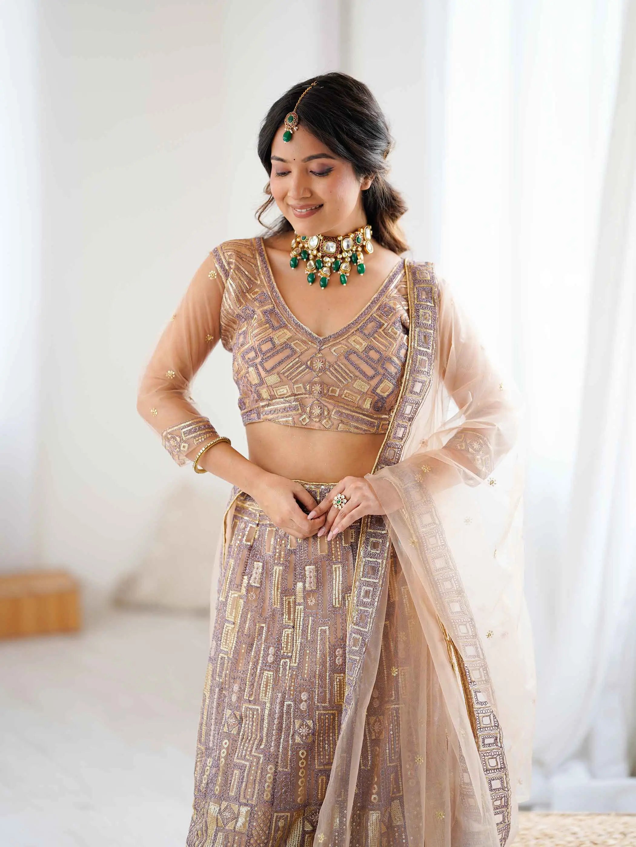 Brownish Ivory Embroidery Work With Heavy Sequins Work Lehenga Choli - qivii