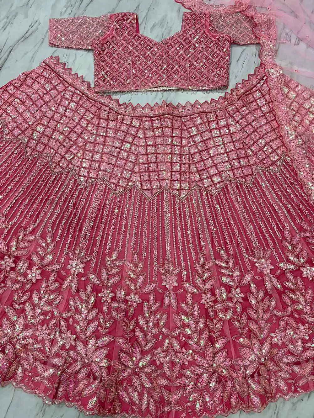 Peach Pink Rainbow Sequins Dori Embroidery Work Net Lehenga Choli - qivii