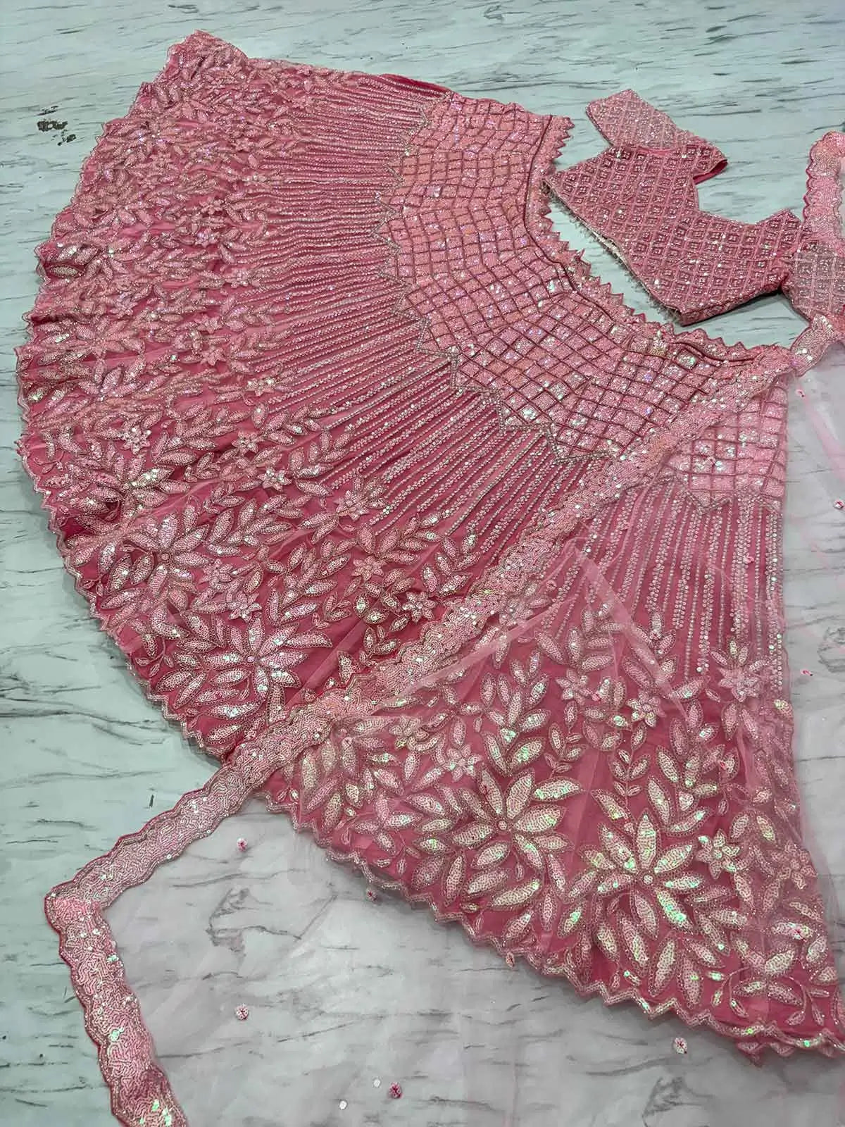 Peach Pink Rainbow Sequins Dori Embroidery Work Net Lehenga Choli - qivii