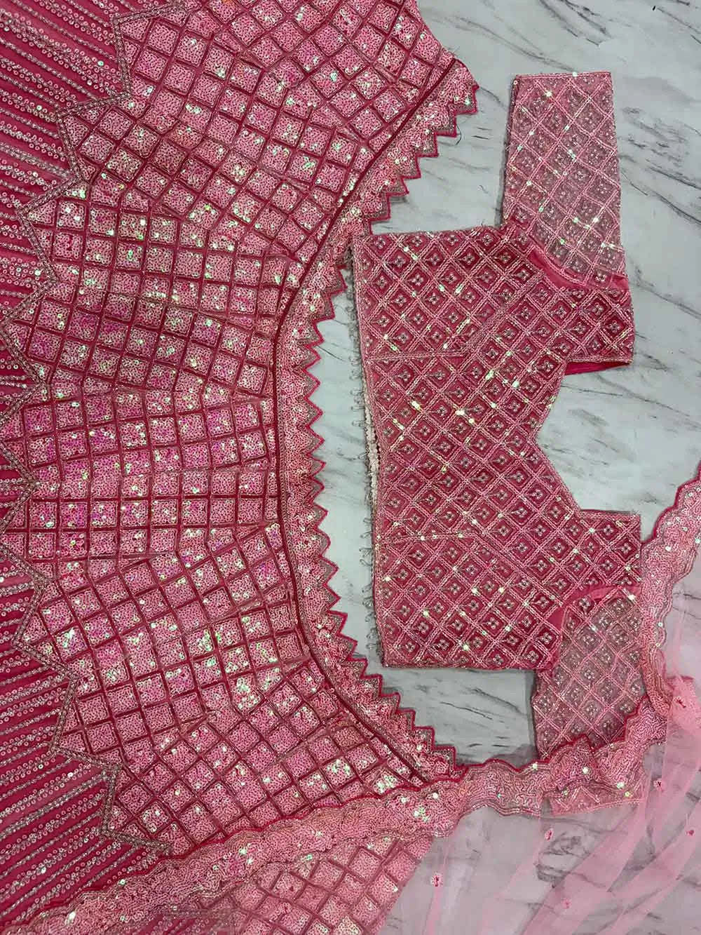 Peach Pink Rainbow Sequins Dori Embroidery Work Net Lehenga Choli - qivii