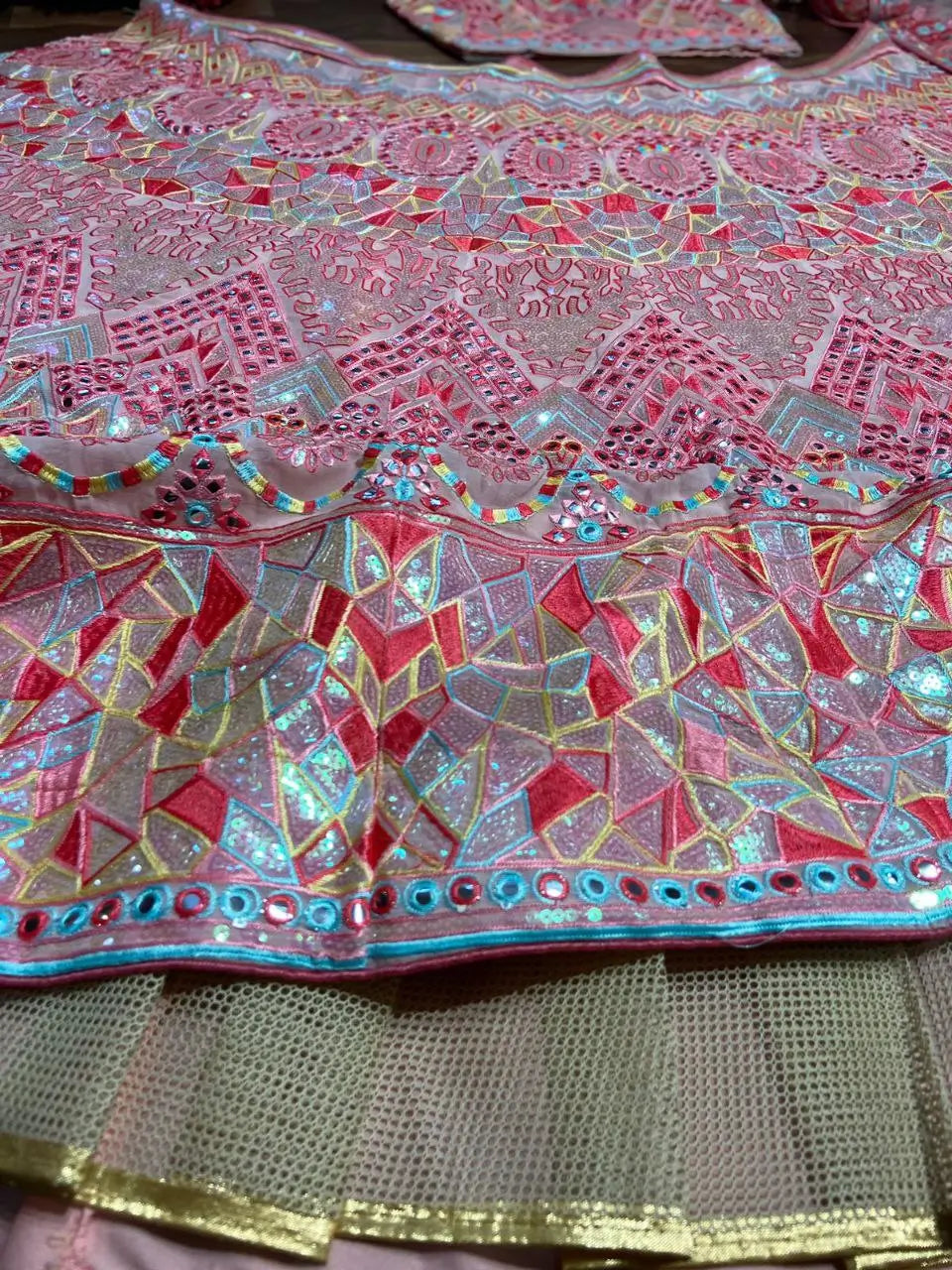 Baby Pink Sequins Thread And Foil Mirror Work Georgette Lehenga - qivii