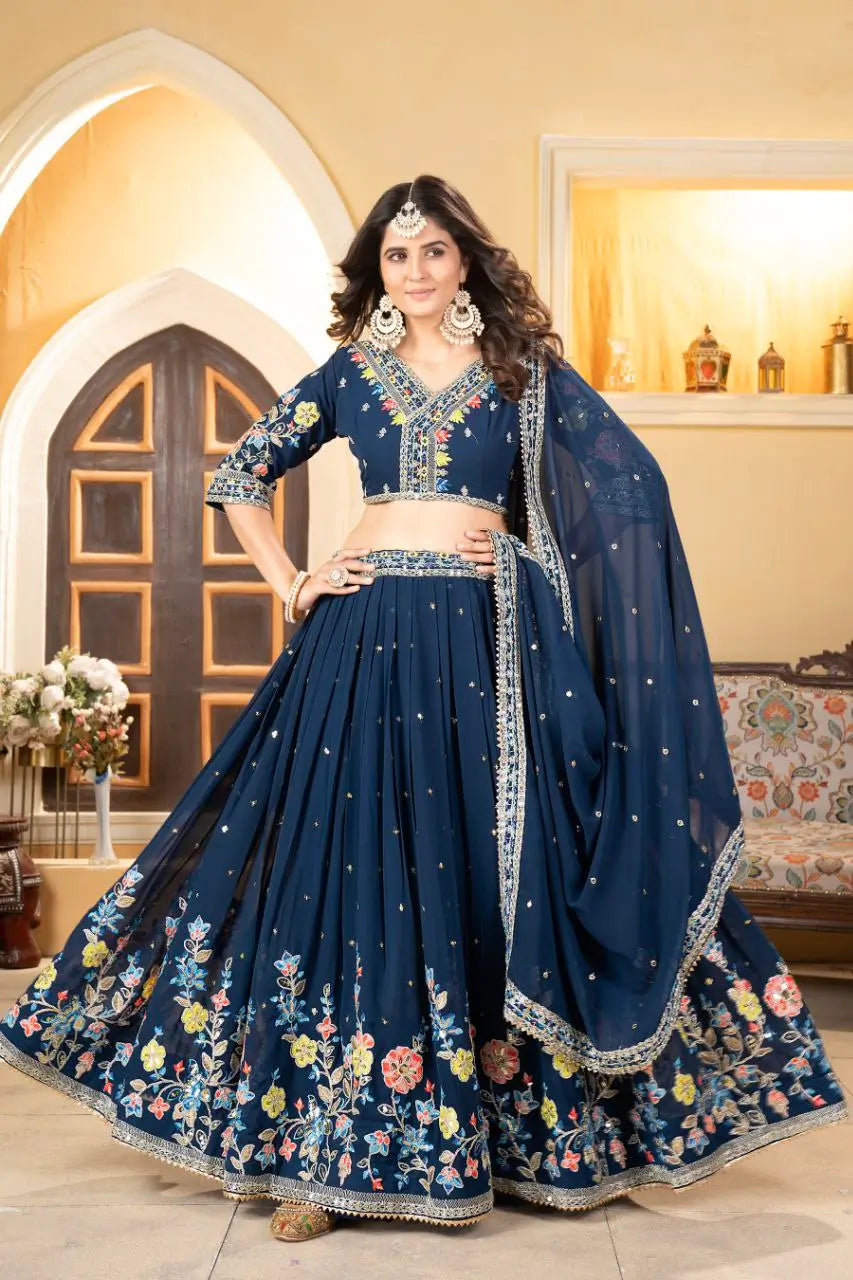 Nile Blue Georgette Lehenga With Multi Color Thread Embroidery Coding And Sequins Work | Ready To Wear - qivii