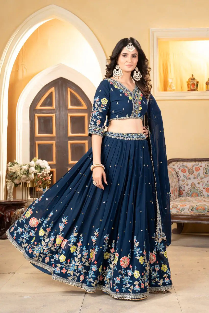 Nile Blue Georgette Lehenga With Multi Color Thread Embroidery Coding And Sequins Work | Ready To Wear - qivii