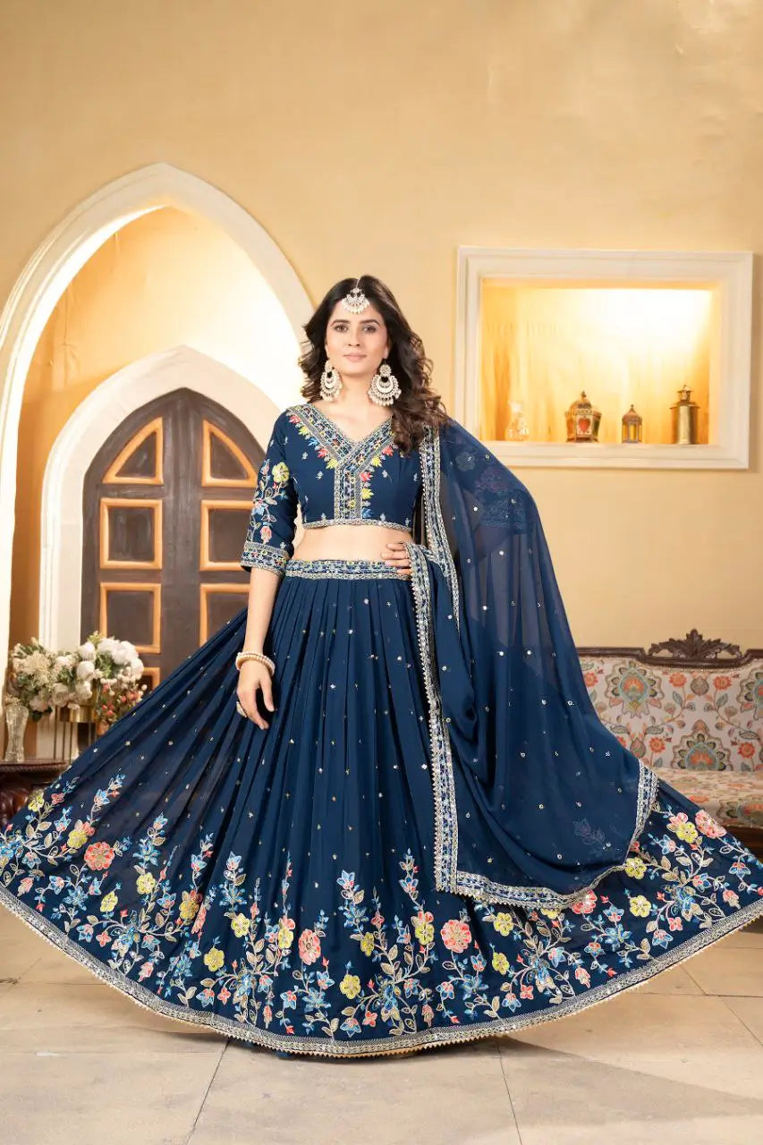 Nile Blue Georgette Lehenga With Multi Color Thread Embroidery Coding And Sequins Work | Ready To Wear - qivii