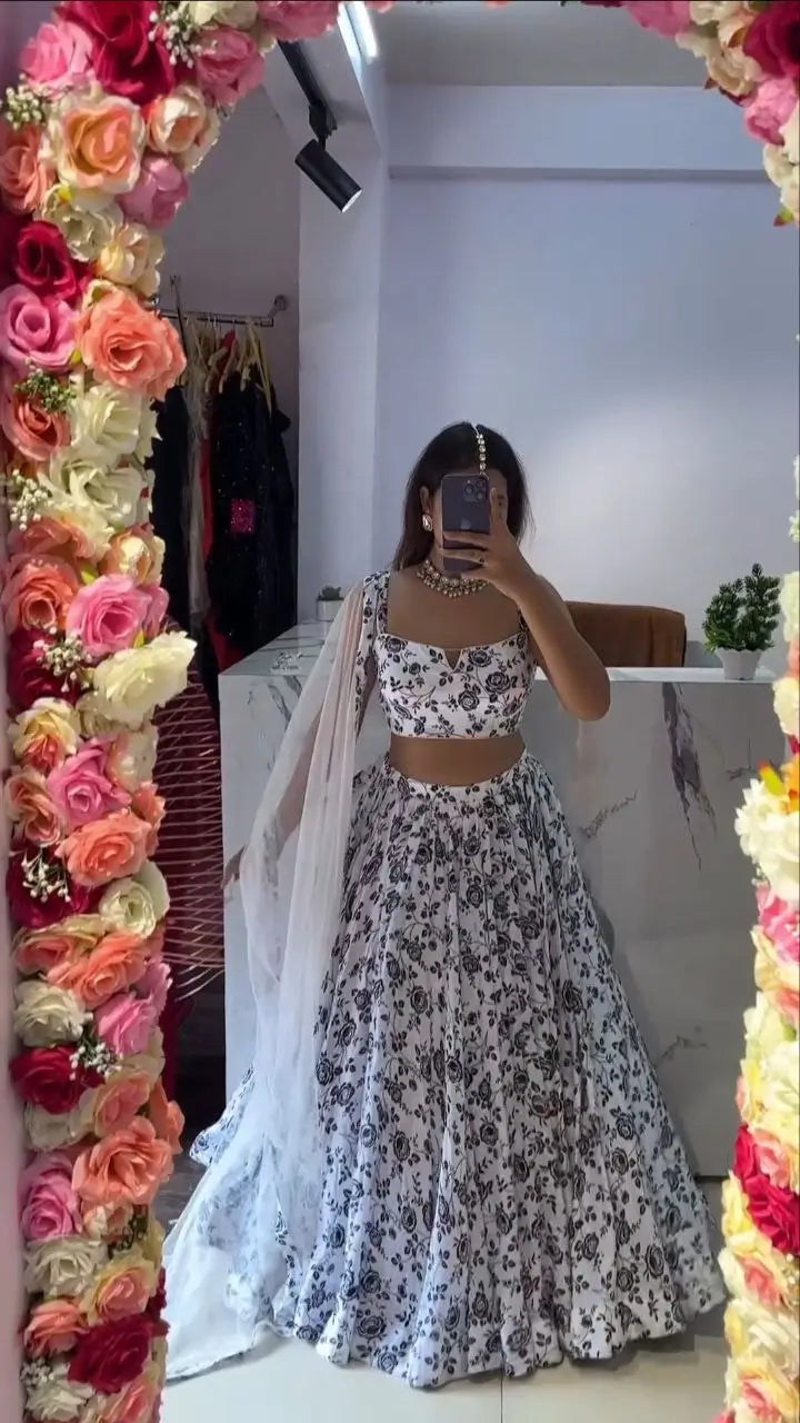 White And Black Chinon Silk Lehenga With Floral Digital Print | Ready To Wear - qivii