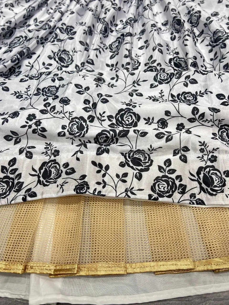 White And Black Chinon Silk Lehenga With Floral Digital Print | Ready To Wear - qivii
