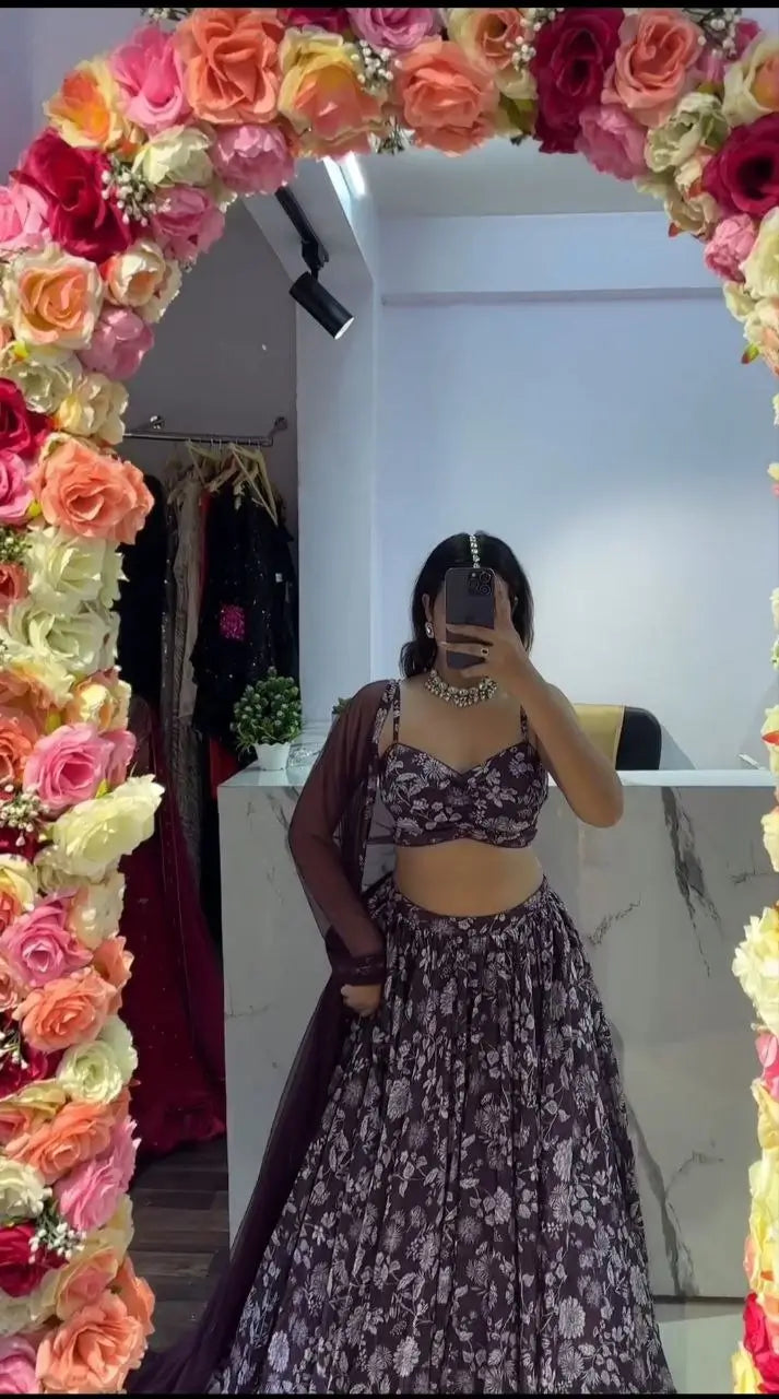 Purple Wine Chinon Silk Lehenga With Floral Digital Print And Dupatta | Ready To Wear - qivii