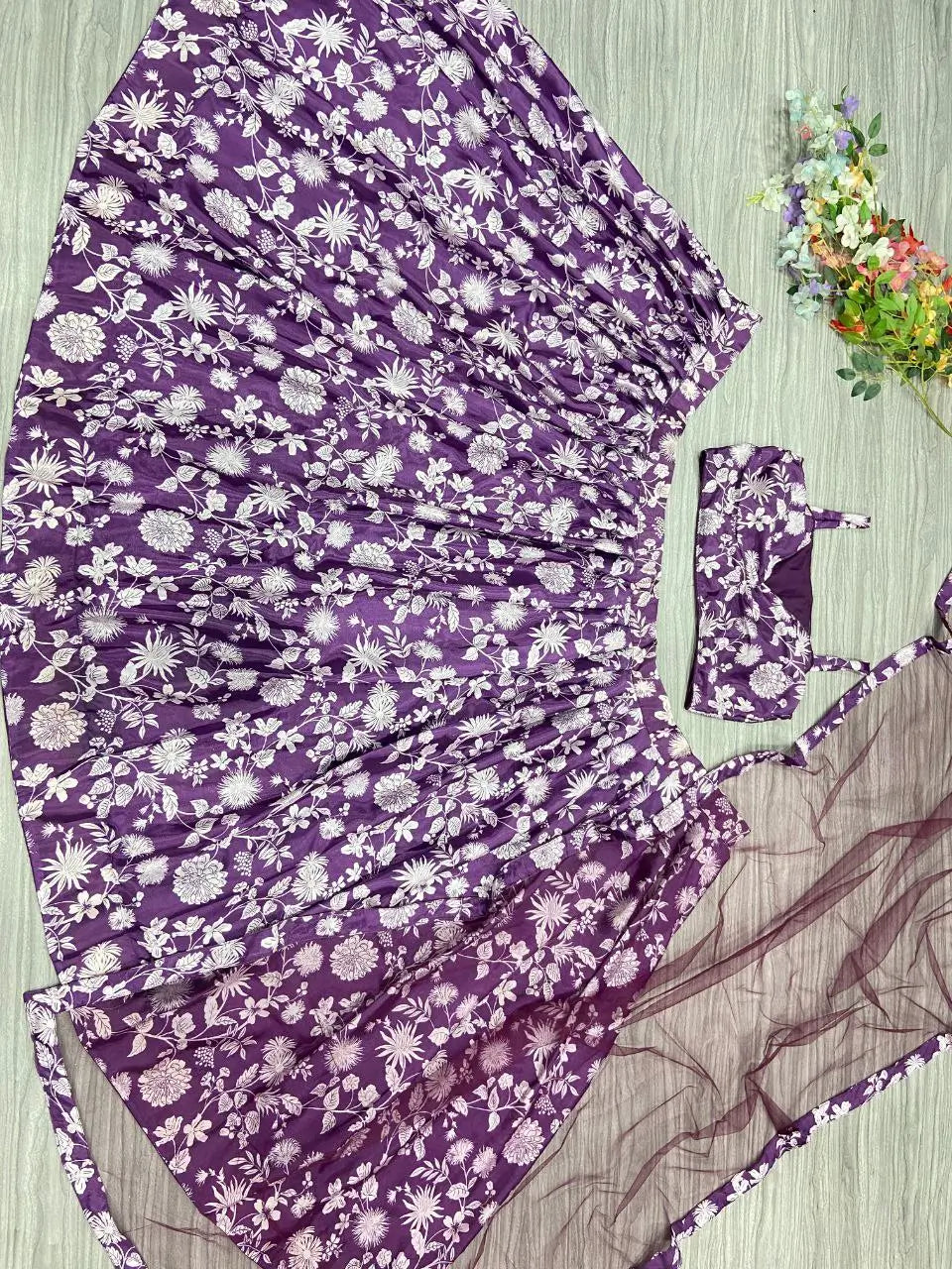 Purple Wine Chinon Silk Lehenga With Floral Digital Print And Dupatta | Ready To Wear - qivii