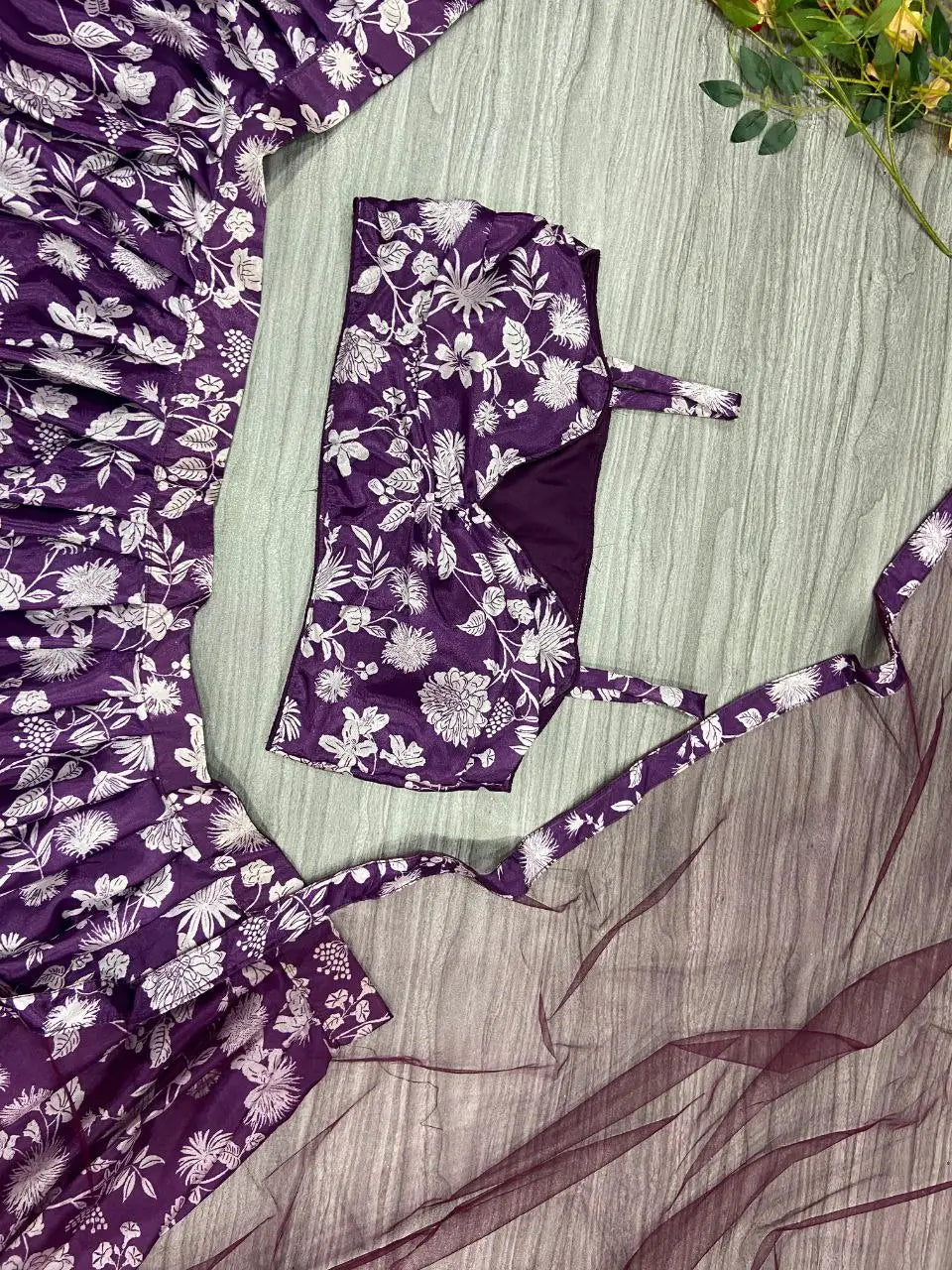 Purple Wine Chinon Silk Lehenga With Floral Digital Print And Dupatta | Ready To Wear - qivii