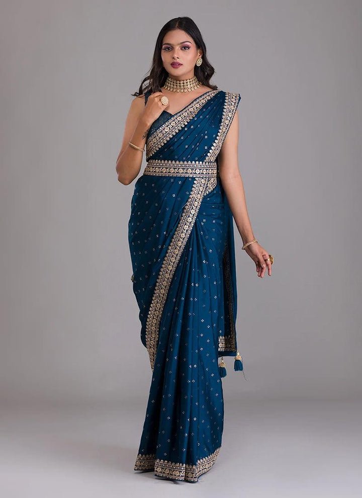 Heavy Sequins Blouse With Navy Blue Saree  - By Kreeva