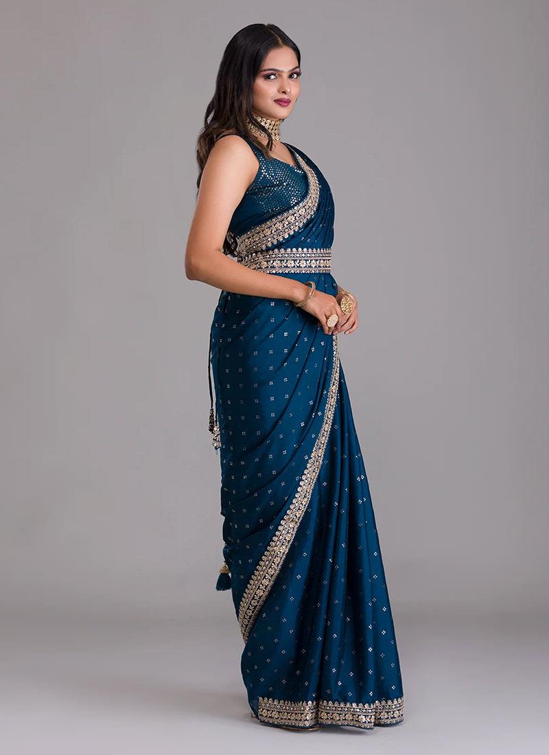 Heavy Sequins Blouse With Navy Blue Saree  - By Kreeva