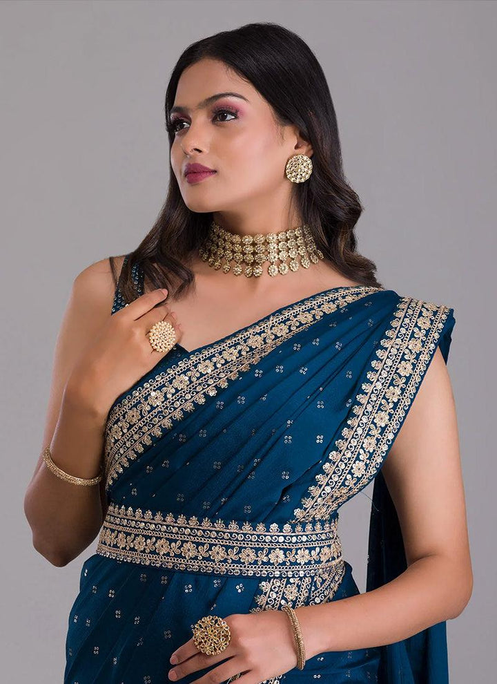 Heavy Sequins Blouse With Navy Blue Saree  - By Kreeva