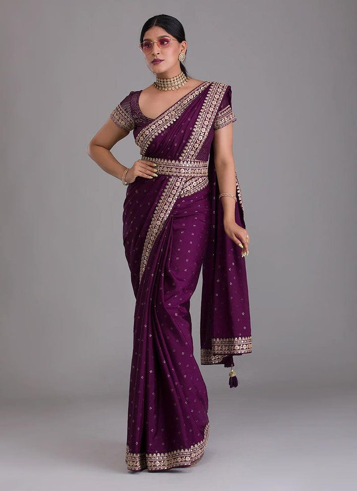 Heavy Sequins Blouse With Wine Saree  - By Kreeva