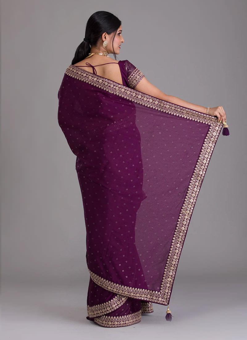 Heavy Sequins Blouse With Wine Saree  - By Kreeva