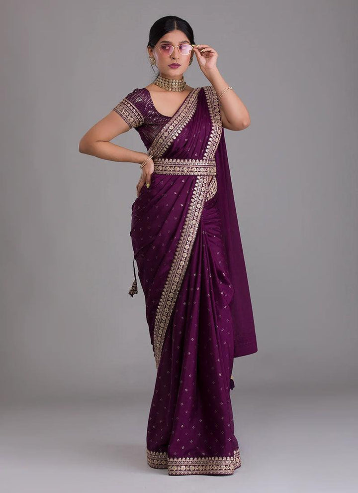 Heavy Sequins Blouse With Wine Saree  - By Kreeva