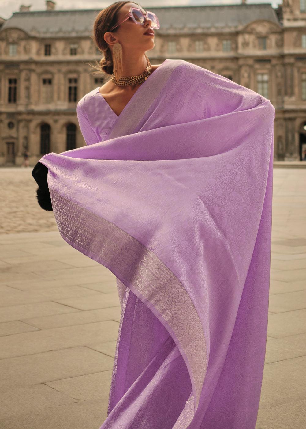 Helio Purple Handloom Woven Satin Silk Saree - qivii