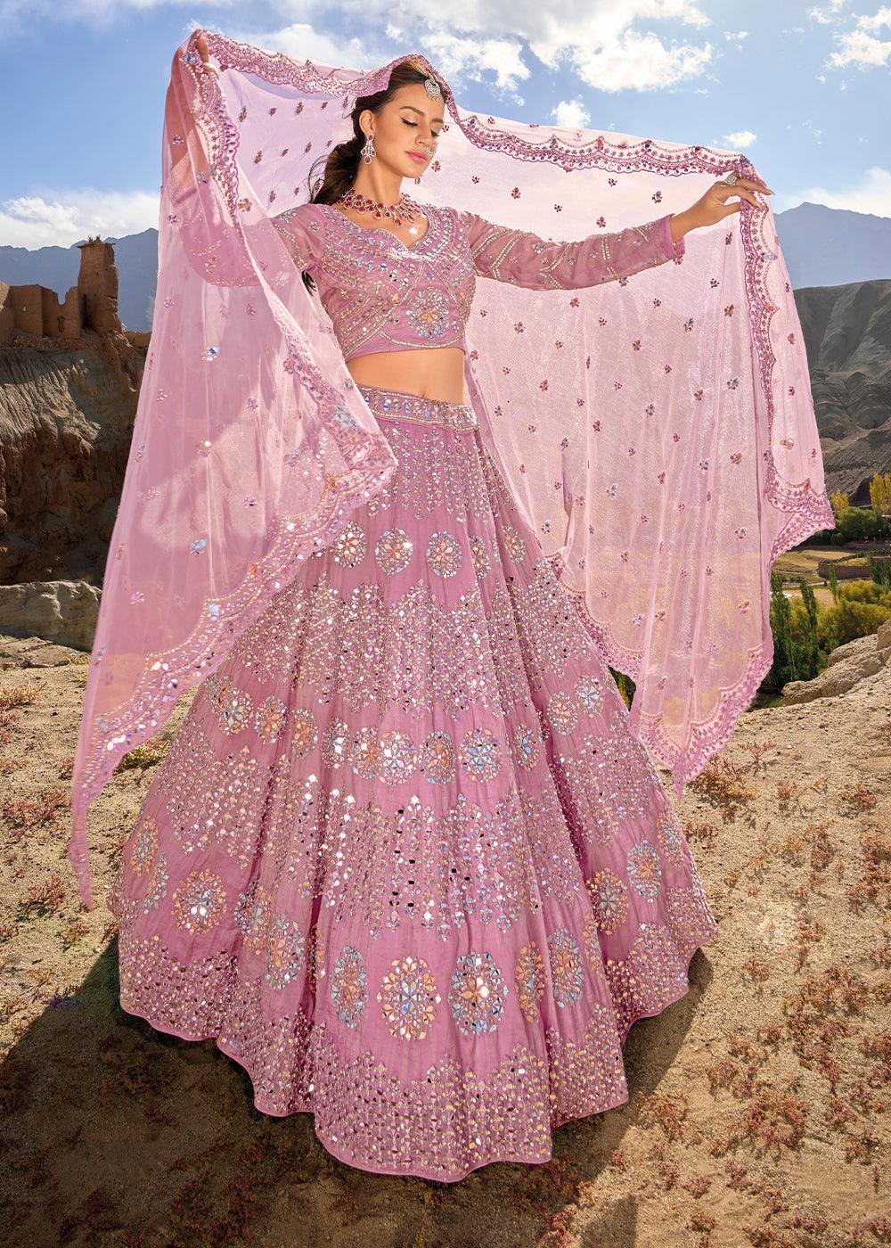 Helio Purple Organza lehenga Choli with Mirror,Zarkan & Cutwork - qivii