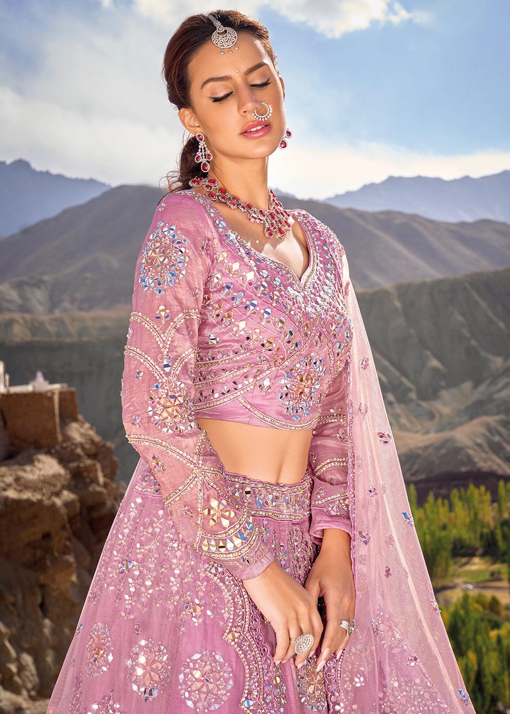 Helio Purple Organza lehenga Choli with Mirror,Zarkan & Cutwork - qivii