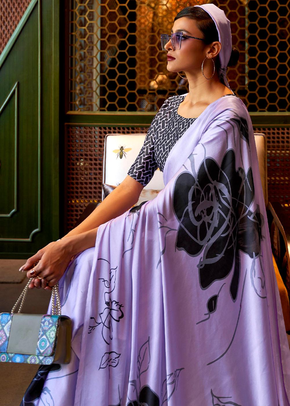 Heliotrope Purple Designer Satin Crepe Printed Saree | Stitched Blouse - qivii