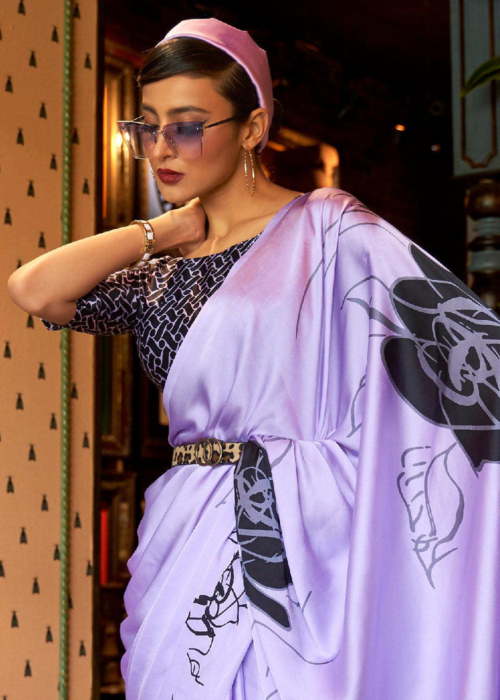 Heliotrope Purple Designer Satin Crepe Printed Saree | Stitched Blouse - qivii