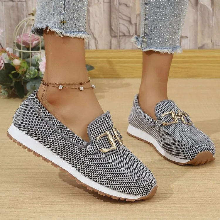 Gray women's orthopedic loafers from Hudson Ridge, featuring comfortable slip-on design and supportive footbed.