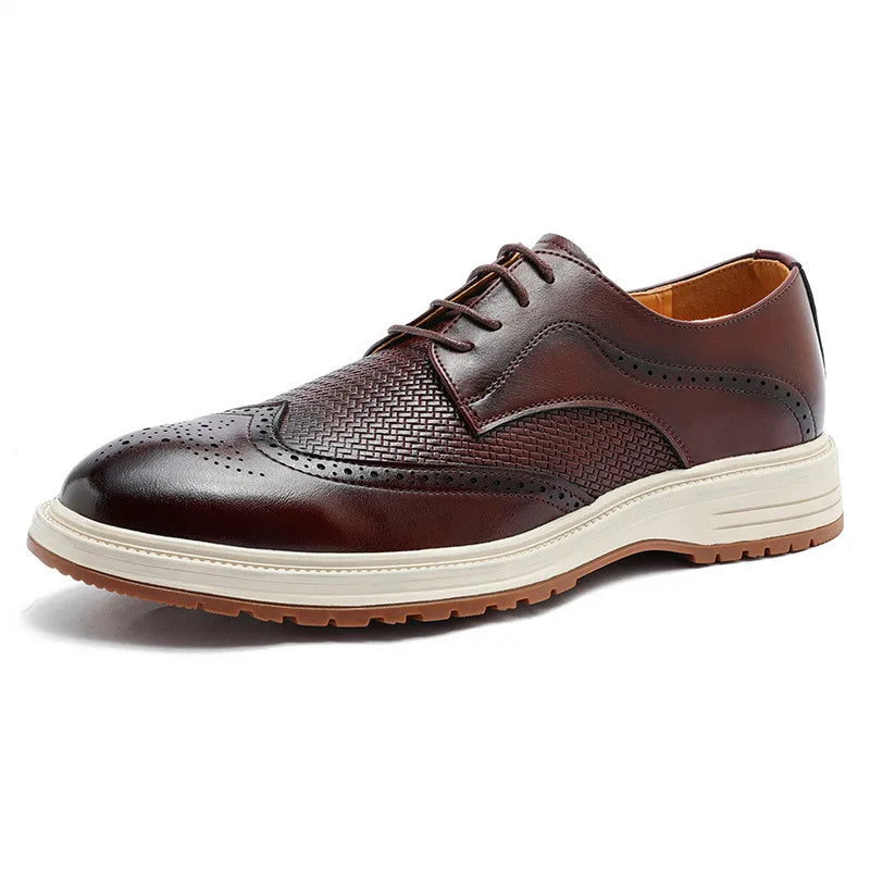 Brown men's Herreford brogue derby shoes by Hudson Ridge, stylish leather footwear with classic perforated detailing.