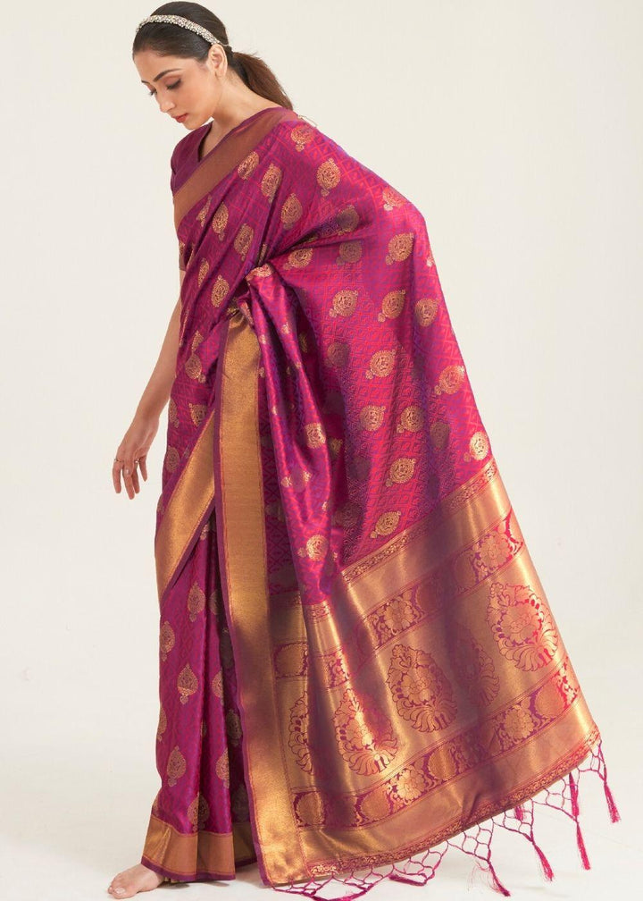 Hibiscus Purple Zari Butta Woven Banasari Silk Saree | Stitched Blouse - qivii