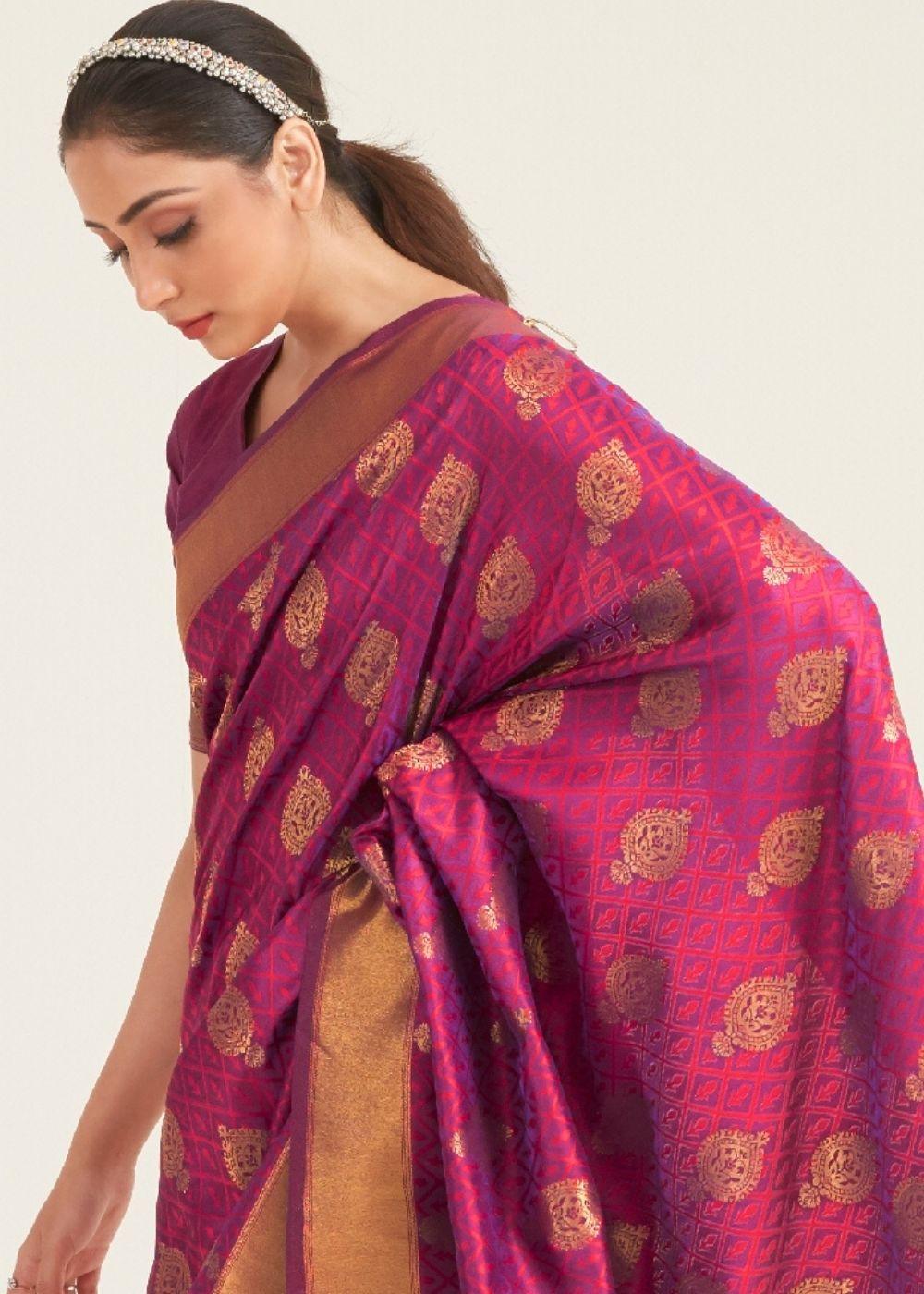 Hibiscus Purple Zari Butta Woven Banasari Silk Saree | Stitched Blouse - qivii