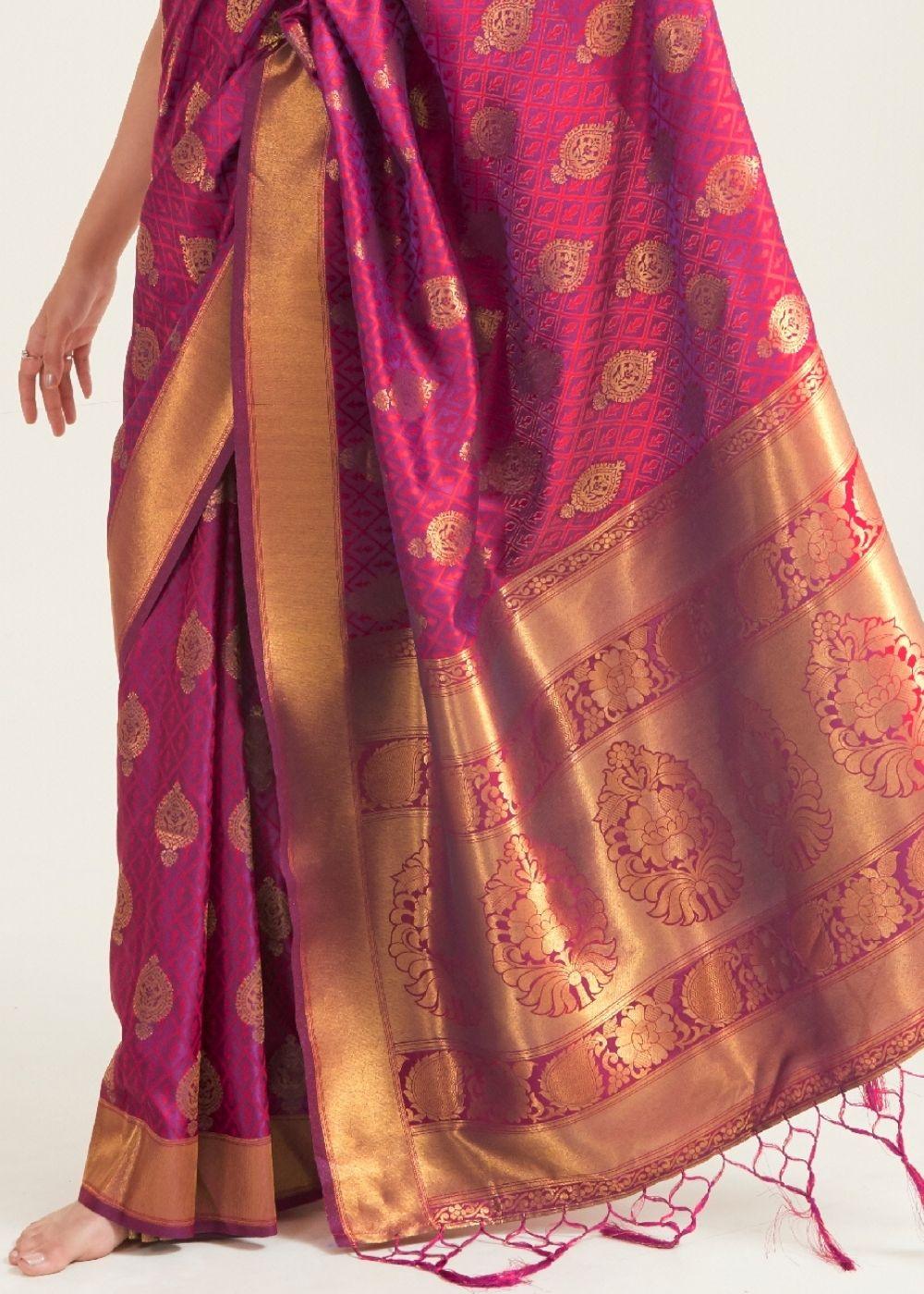 Hibiscus Purple Zari Butta Woven Banasari Silk Saree | Stitched Blouse - qivii