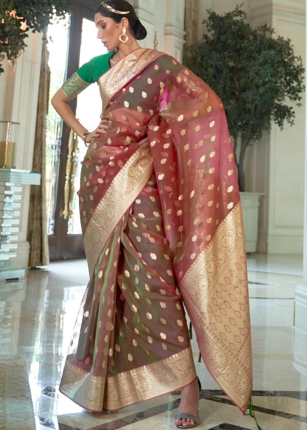 Hibiscus Purple Zari Woven Organza Silk Saree | Stitched Blouse - qivii