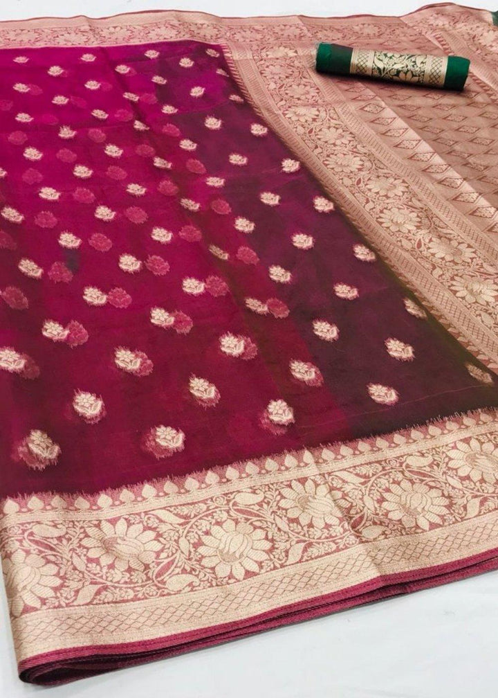 Hibiscus Purple Zari Woven Organza Silk Saree | Stitched Blouse - qivii