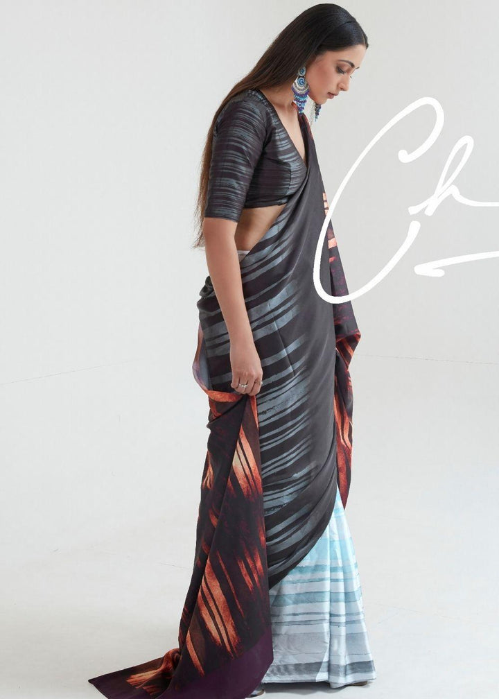 Hickory Brown & Blue Satin Silk Digital Printed Saree | Stitched Blouse - qivii