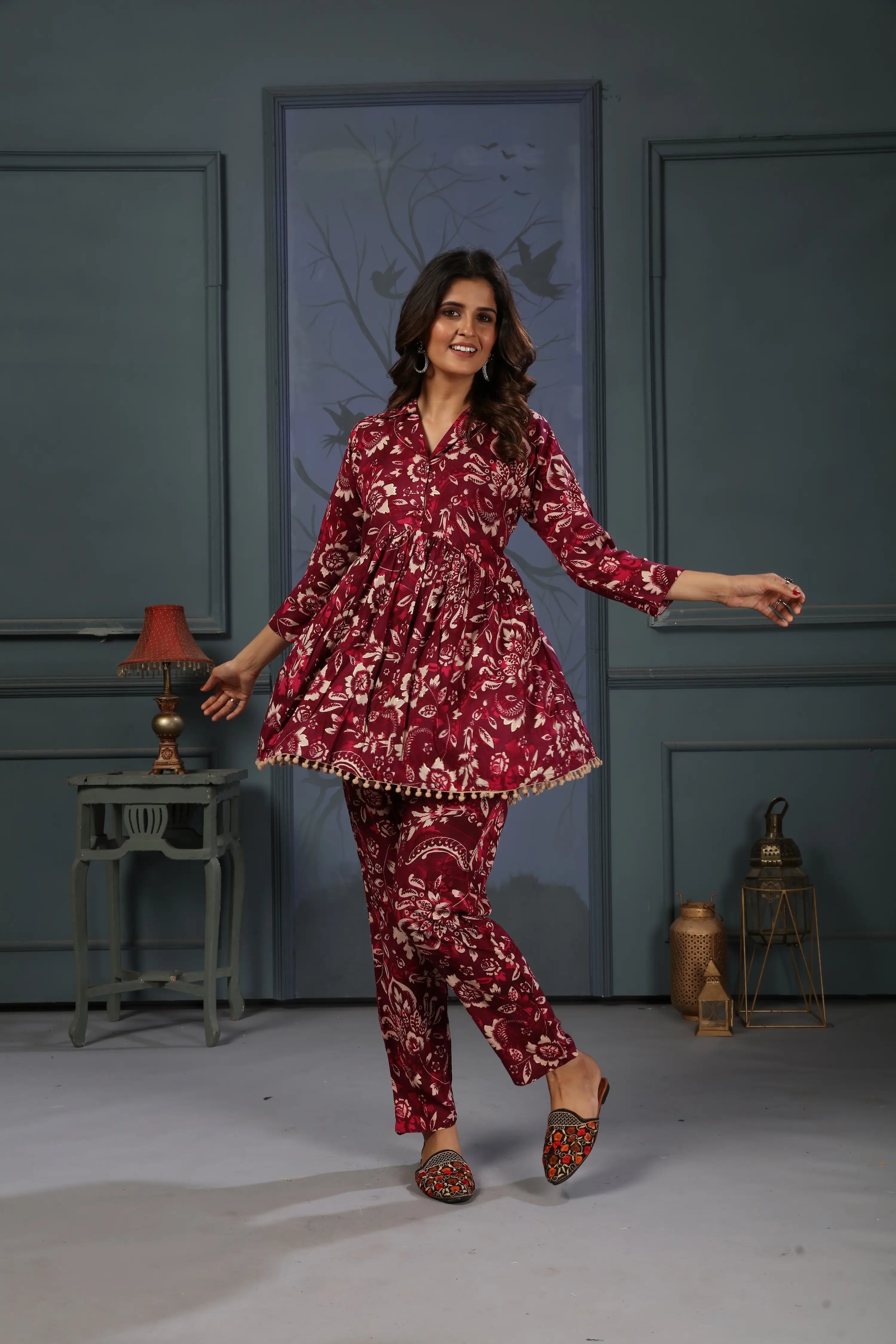 Cherry Red Printed Co-ord Set - qivii