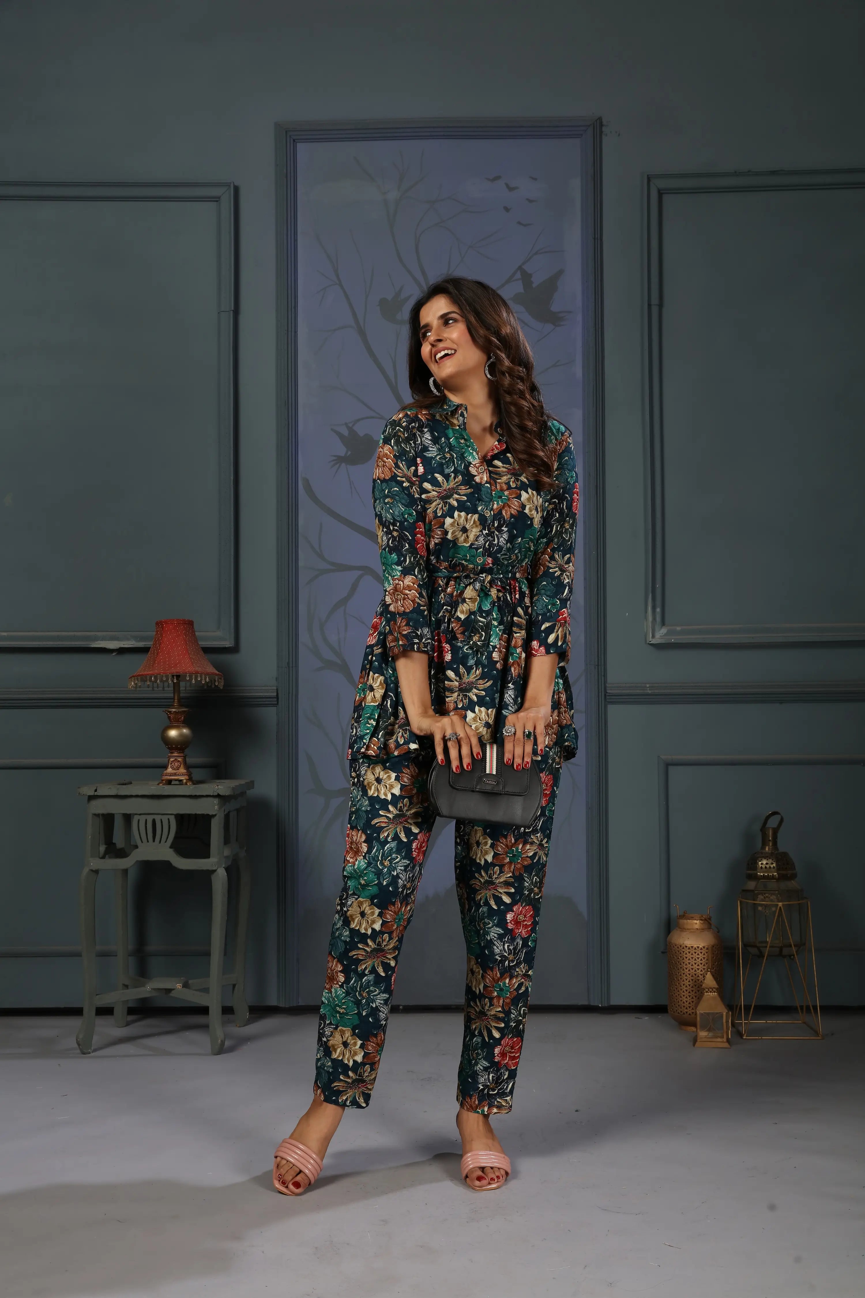Dark Green Floral Print Co-ord Set - qivii