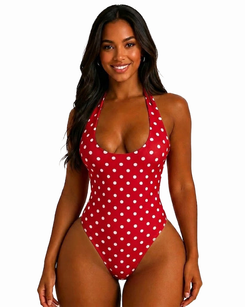 Polka Dot Halter Tie One Piece Swimsuit High Cut Hourglass Bodysuit