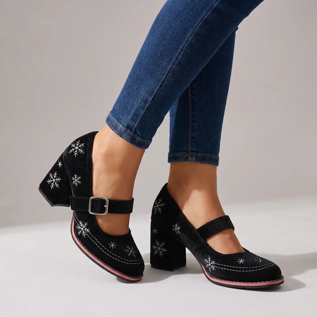 Black velvet Mary Jane heels for women by Hudson Ridge, featuring a festive design and classic strap style.