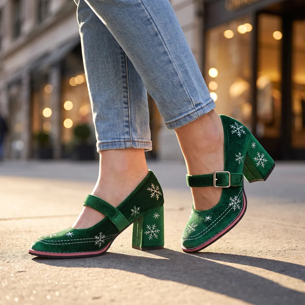 Holly women's festive Mary Jane velvet heels by Hudson Ridge, stylish black and red shoes with strap details for women.