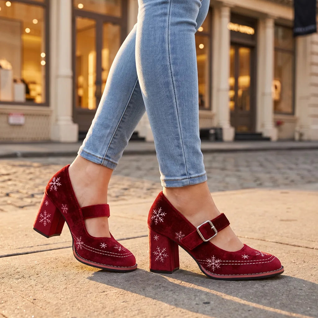 Holly women's festive Mary Jane velvet heels by Hudson Ridge, featuring a classic strap and elegant design for women.