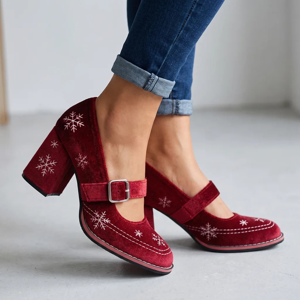 Wine red velvet Mary Jane heels for women by Hudson Ridge, featuring a stylish festive design and comfortable footwear.